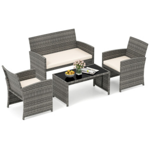 4 Piece Patio Conversation Set Rattan Chair Loveseat and Table Set-Off White