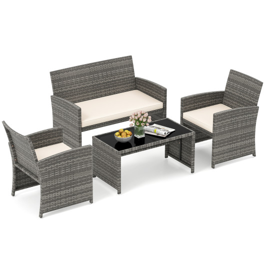 4 Piece Patio Conversation Set Rattan Chair Loveseat and Table Set-Off White