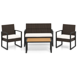 4 Piece Patio Furniture Set Outdoor Rattan Conversation Set with Cushioned Chairs and Wood Plastic Coffee Table-Off White