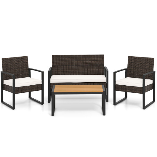 4 Piece Patio Furniture Set Outdoor Rattan Conversation Set with Cushioned Chairs and Wood Plastic Coffee Table-Off White