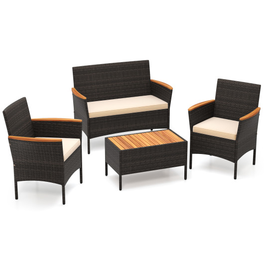 4 Piece Patio Wicker Sofa Set 2 Rattan Chairs and Loveseat with Table-Brown