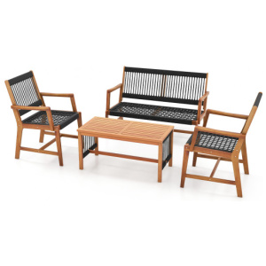 4 Pieces Acacia Wood Patio Conversation Table and Chair Set with Hand Woven Rope