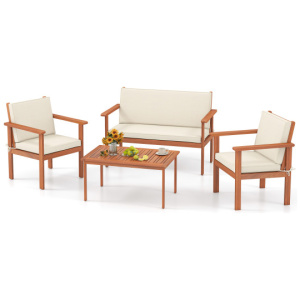 4 Pieces Patio Furniture Set Acacia Wood Porch Chairs with Table-White