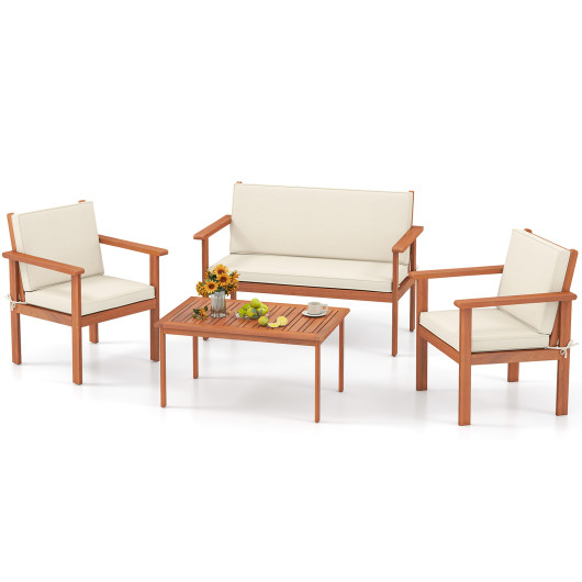 4 Pieces Patio Furniture Set Acacia Wood Porch Chairs with Table-White