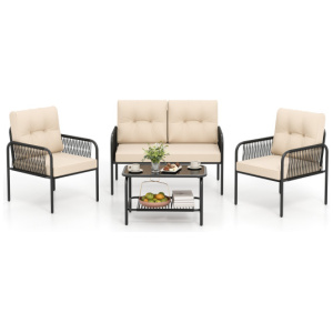 4 Pieces Patio Furniture Set PE Rattan Sofa Chairs with Loveseat-Beige