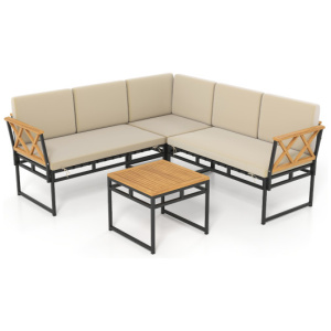 4 Pieces Patio L-Shaped Sofa Set with Cushions and Side Table-Brown