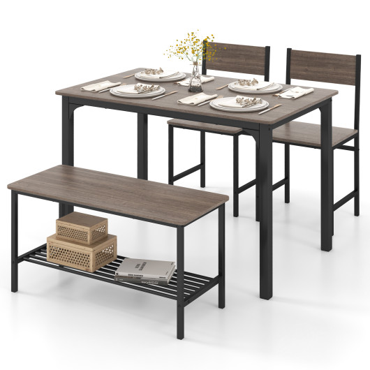 4 Pieces Rustic Dining Table Set with 2 Chairs and Bench-Gray