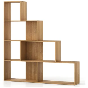 4-Tier Bookshelf Stair Bookcase with 6 Cubes Display Rack-Natural
