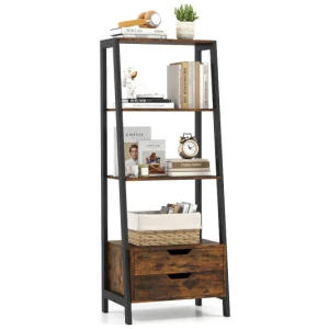 4-Tier Ladder Shelf with 2 Drawers 52.5 Inch Tall Freestanding Bookcase-Rustic Brown