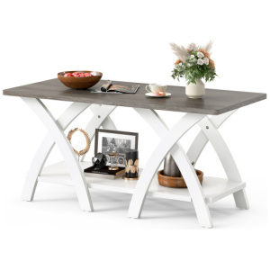 40 Inch Farmhouse Wooden Coffee Table with Storage Shelf with X-shaped Legs-Gray