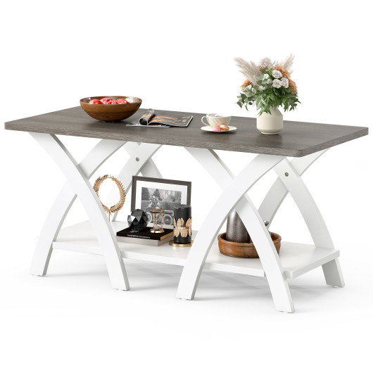 40 Inch Farmhouse Wooden Coffee Table with Storage Shelf with X-shaped Legs-Gray
