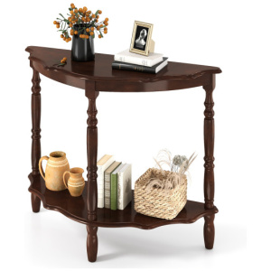 42 Inch Half Moon Console Table with Shelf and Rubber Wood Legs-Espresso