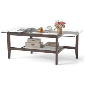 42 Inch Rectangular 2-Tier Glass Coffee Table with Storage Shelf-Brown