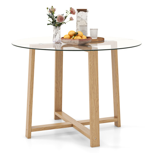 42 Inches Round Glass Dining Table with Tempered Glass Tabletop and Rubber Wood Legs-Natural