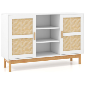48 Inch Sideboard Buffet Cabinet Floor Storage Cabinet with 2 Bamboo Woven Doors-White