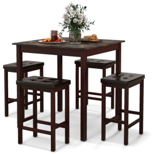 5-Piece Bar Table Set Counter-Height Dining Table and 4 Bar Stools-Brown