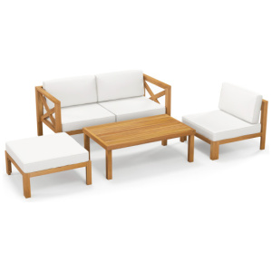 5 Piece Outdoor Conversation Furniture Set with 3 Chairs 1 Ottoman and 1 Coffee Table-White