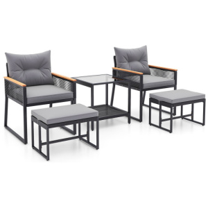 5 Piece Outdoor Rattan Conversation Set with 2-Layer Side Table and 2 Ottomans-Gray