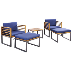 5 Piece Patio Acacia Wood Chair Set with Ottomans and Coffee Table-Navy