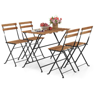 5 Piece Patio Acacia Wood Dining Set with 4 Folding Chairs-Brown