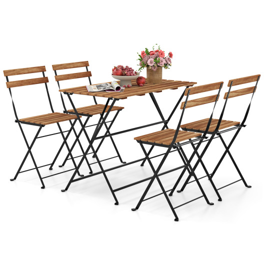 5 Piece Patio Acacia Wood Dining Set with 4 Folding Chairs-Brown