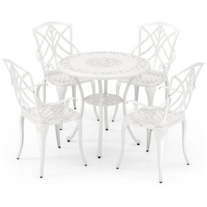 5 Piece Patio Cast Aluminum Dining Table Chair Set Bistro Set with Umbrella Hole-White
