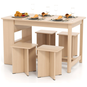 5 Pieces Dining Table Set with Storage Shelf and 4 Stools-Natural