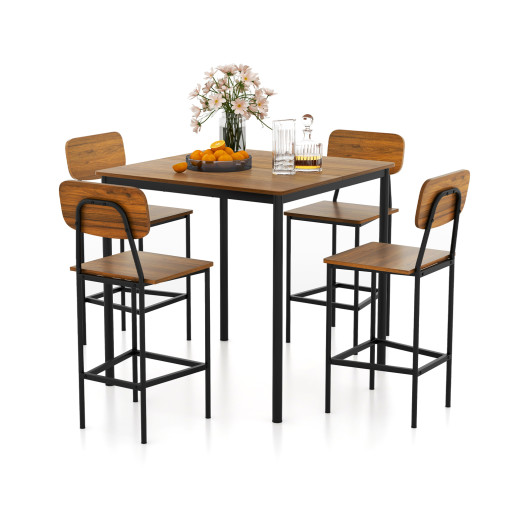 5 Pieces Industrial Dining Table Set with Counter Height Table and 4 Bar Stools-Walnut
