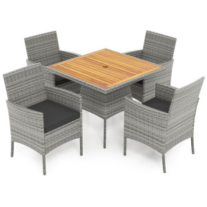5 Pieces PE Wicker Patio Dining Set Outdoor Acacia Wood Table and Chairs-Black