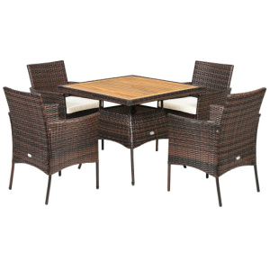 5 Pieces Patio Rattan Dining Furniture Set with Arm Chair and Wooden Table Top