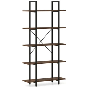 5-Tier 62 Inch Tall Vintage Industrial Bookcase with Open Storage Shelves-Rustic Brown
