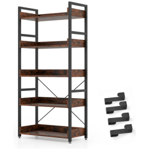 5-Tier Bookshelf with 4 Hooks Industrial Storage Bookcase-Rustic Brown