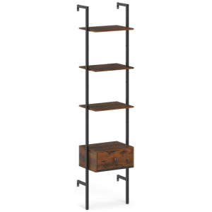 5-Tier Ladder Bookcase with Drawer and Metal Frame for Study Home Office-Rustic Brown