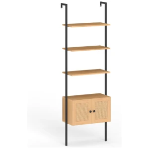 5-Tier Ladder Bookcase with Rattan Cabinet and Metal Frame-Natural