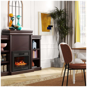 5-in-1 Complete Dining Room Set: Extendable Table, 4 Chairs, Electric Fireplace, Media Console & Bamboo Sideboard