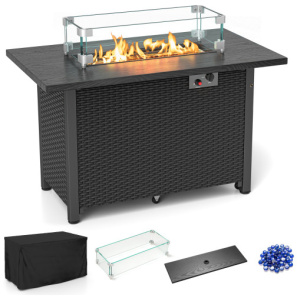 50000 BTU 2 Inch ropane Gas Fire Pit Table with Wind Guard and Glass Rocks-Black