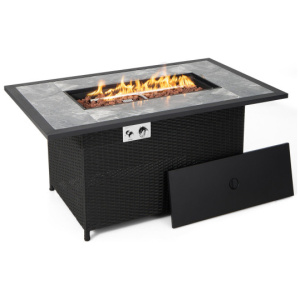 52 Inch Rattan Wicker Propane Fire Pit Table with Rain Cover and Lava Rock-Black