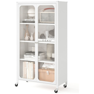 58 Inches Bookcase with Adjustable Shelves and Lockable Wheels-White