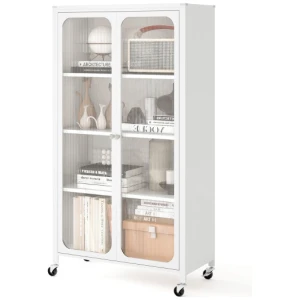 58 Inches Bookcase with Adjustable Shelves and Lockable Wheels-White