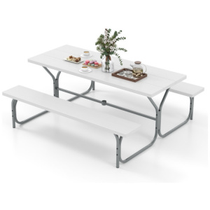 6 FT Picnic Table Bench Set Dining Table and 2 Benches with Metal Frame and HDPE Tabletop-White