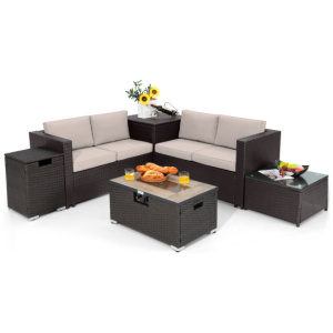 6 Pieces Outdoor Wicker Furniture Set with 32 Inch Propane Fire Pit Table-Beige