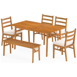 6 Pieces Patio Acacia Wood Dining Set with Bench Rectangular Table and Chairs
