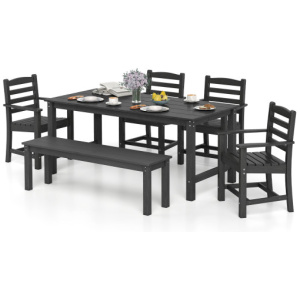 6 Pieces Patio Dining Bench Set Outdoor HDPE Weather Resistant Table and Chairs Set-Black