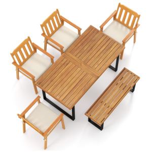 6 Pieces Patio Dining Table Set 63" Rectangle Table with 4 Acacia Wood Armchairs and Backless Bench