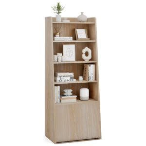 6-Tier Bookcase Freestanding Ladder Bookshelf with 2 Adjustable Shelves and Flip Up Door-Natural