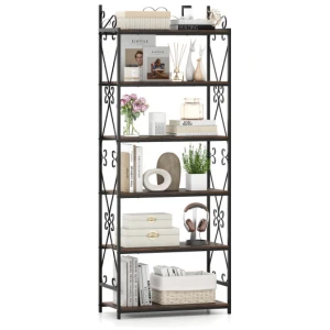 6-Tier Bookshelf Industrial Bookcase with 2 Anti-Tipping Kits and Metal Frame-Rustic Brown