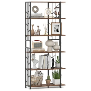 6-Tier Bookshelf Modern Geometric Bookcase with Heavy-duty Metal Frame and Anti-tipping Kits-Rustic Brown