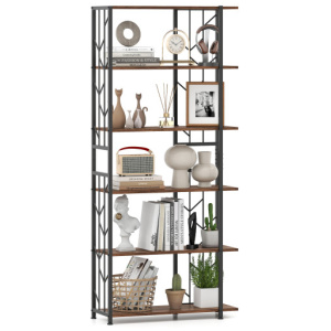 6-Tier Bookshelf Modern Geometric Bookcase with Heavy-duty Metal Frame and Anti-tipping Kits-Rustic Brown