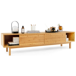 63 Inches Mid Century Modern Bamboo TV Stand with Sliding Doors-Natural