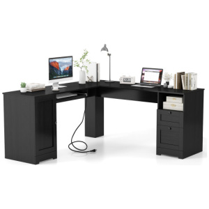 66 Inch L-Shaped Writing Study Workstation Computer Desk with Drawers-Black